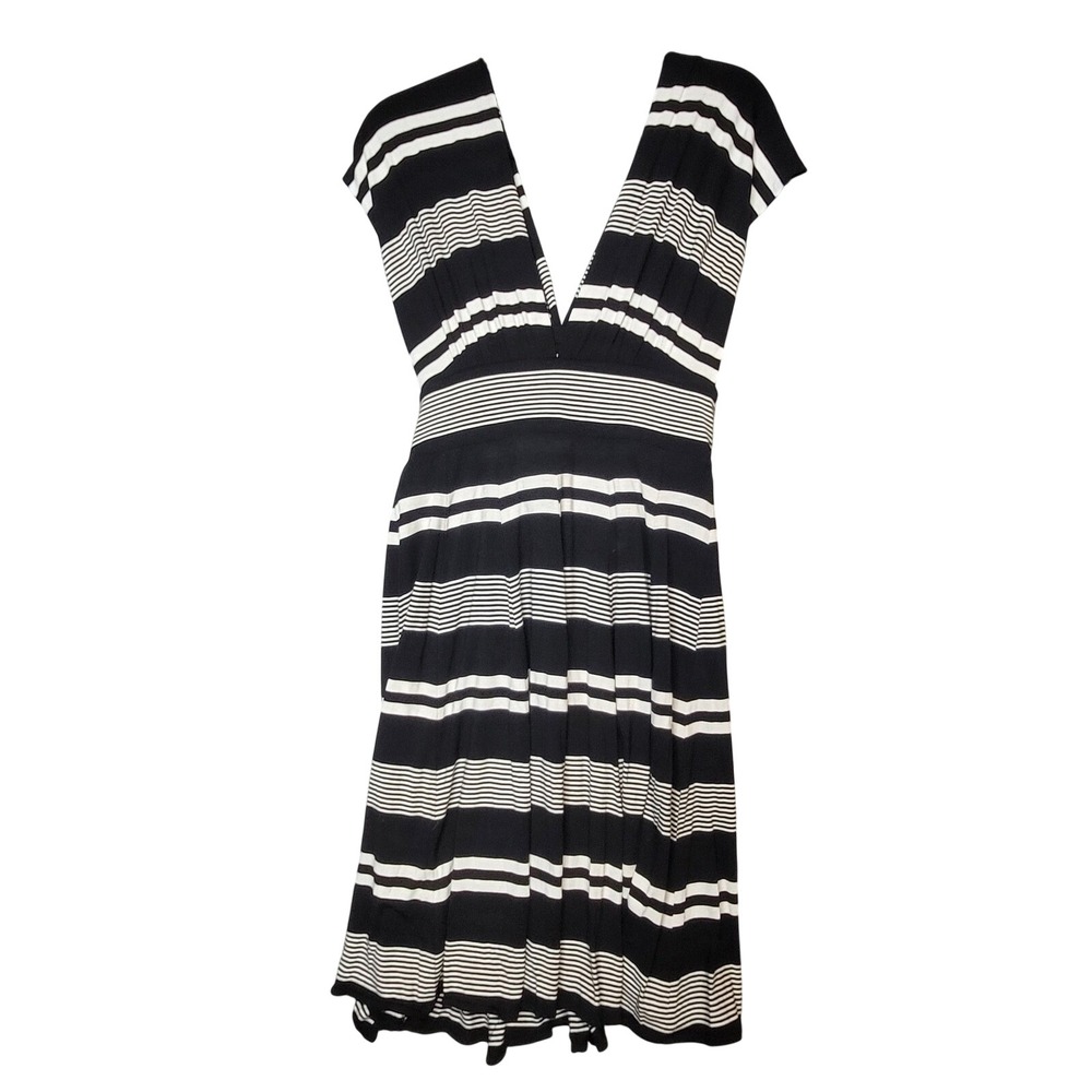 White House Black Market Striped V-Neck Midi Dress Black White Size 8 Sleeveless